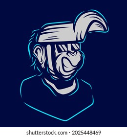 Funny funky monkey Line. Pop Art logo. Colorful welder ape welding design with dark background. Abstract vector illustration. Isolated black background for t-shirt, poster, clothing, merch, apparel.