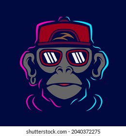 Funny funky monkey Line. Pop Art logo. Colorful design with dark background. Abstract vector illustration. Isolated black background for t-shirt, poster, clothing, merch, apparel, badge design