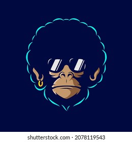 Funny funky monkey logo vector. Afro ape neon art design with dark background. Abstract graphic illustration. Isolated black background for t-shirt, poster, clothing, merch, apparel, badge design
