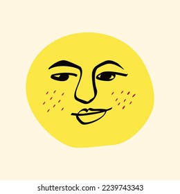 Funny Funky sun with a lovely face. Freaky quirky sun. Card in modern doodle style. Vector illustration