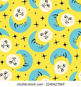 Funny Funky Sonne und Mondmuster. Freakiges, quirliges Muster mit Sonne und Mond. Vektorgrafik im modernen Doodle-Stil.