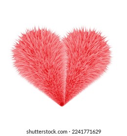 Funny fur heart. Fluffy cute realistic 3D  red heart. Hairy cartoons design. Vector illustration.