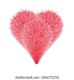 Funny fur heart. Fluffy cute realistic 3D  red heart. Hairy cartoons design. Vector illustration.