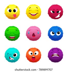 Funny furry faces of monsters. Puffy balls of different colors. Hair fur ball face, creative fluffy monster sphere, vector illustration