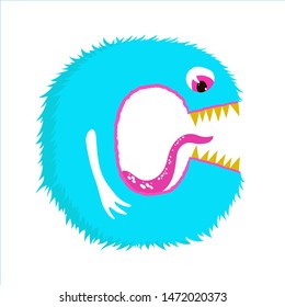 Funny furry monster letter C, english alphabet vector element isolated on a white background