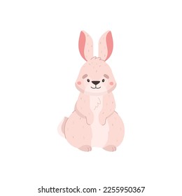 Funny furry rabbit or hare, flat cartoon vector illustration isolated on white background. Adorable little rabbit or bunny for spring and easter holiday designs.