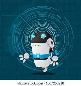 Funny futuristic robot at abstract circles, lines background. Artificial intelligence, innovative model, with big lamps eyes. Realistic robot at wheel. Working android, cybernetic, electronic creature