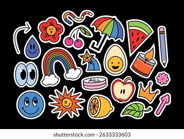 Funny futuristic y2k patches, labels, tags, stamps in retro style. Cartoon stickers in funky hipster grunge 90s style. Cute flat illustrations for kids. Doodle isolated vector set, trendy promo labels