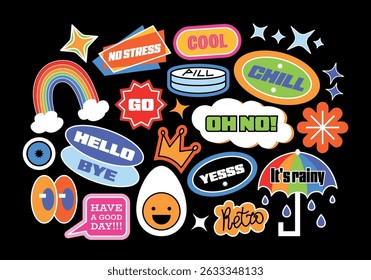 Funny futuristic y2k patches, labels, tags, short phrases in retro style. Cartoon stickers in funky hipster groovy grunge 90s style. Doodle phrases in flat style. Cute vector set, trendy promo labels.