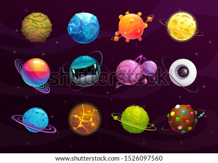 Funny galaxy concept. Cartoon colorful fantasy alien planets set. Vector bizarre cosmic assets on the space background.