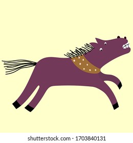 Funny galloping violet horse wearing bandana . Cute vector cartoon childish illustration. 
