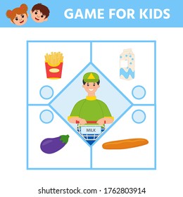 Funny game for children. Find matching item.  Visual puzzle with Products and shop. Preschool worksheet activity. Children funny riddle entertainment