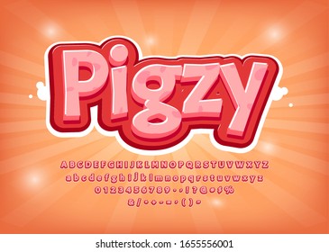 Funny game logo or menu. 3d Pig font, comic style title, text effect, vector pink alphabet. Numbers, symbols