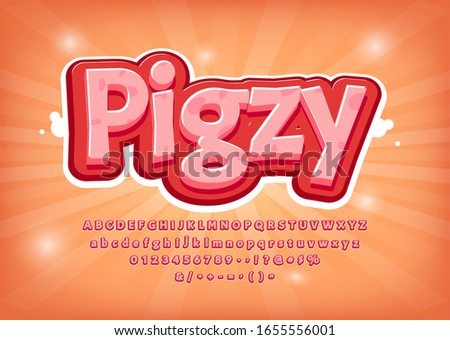 Funny game logo or menu. 3d Pig font, comic style title, text effect, vector pink alphabet. Numbers, symbols