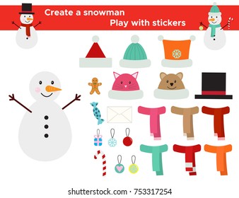 Funny game with stickers for children. Create a snowman, cute winter hats, scarfs and decoration. Vector illustration.