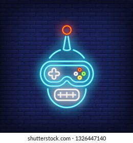 Funny gamepad cartoon character face neon sign. Video game and entertainment design. Night bright neon sign, colorful billboard, light banner. Vector illustration in neon style.