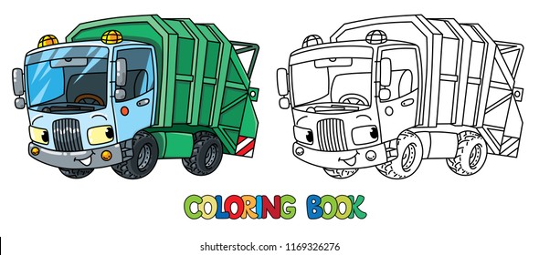 Funny Garbage Truck Car With Eyes. Coloring Book