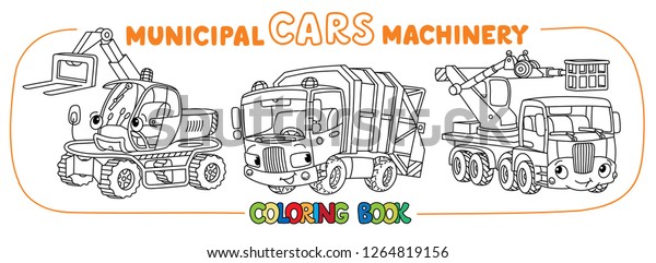 Funny\
garbage truck,, sweeper car, snowthrower or loader. Small funny\
vector cute vehicles with eyes and mouth. Children vector\
illustration. Municipal cars machinery for\
kids