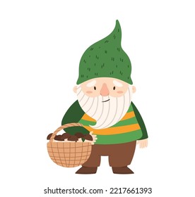 Funny Garden Dwarf Holding Basket with Mushrooms Hands. Fairy Tale Gnome Isolated On White Background. Cute Elf Character For Summer Orchard Landscaping, Goblin Personage. Cartoon Vector Illustration