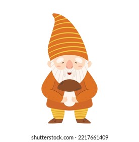 Funny Garden Dwarf Holding Mushroom In Hands. Fairy Tale Gnome Isolated On White Background. Cute Elf or Leprechaun Character For Summer Orchard Decor, Goblin Personage. Cartoon Vector Illustration