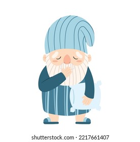 Funny Garden Dwarf Wear Night Hat And Pajama Holding Pillow and Yawning, Sleepy Gnome Isolated On White Background. Cute Elf Character, Decorative Design Element. Cartoon Vector Illustration