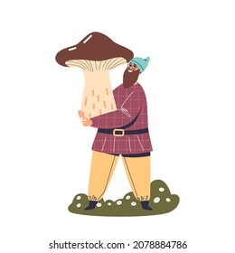 Funny garden gnome carrying giant mushroom. Cute cartoon dwarf with long beard gathering harvest. Fairytale and mythological creature concept. Flat vector illustration