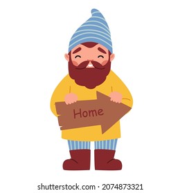 Funny Garden Gnome Holding Direction Arrow Board with Home Inscription Isolated on White Background. Cute Elf Fairy Tale Character, Design Element for Orchard Landscaping, Cartoon Vector Illustration