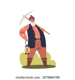 Funny garden gnome holding lantern and mattock. Cute cartoon dwarf working on farm or gardening. Fairytale and mythological creature concept. Flat vector illustration