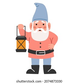 Funny Garden Gnome Isolated on White Background. Cute Elf Character Wear Blue Cap with Lantern in Hand. Design Element for Summer Orchard Landscaping, Fairy Tale Personage. Cartoon Vector Illustration