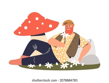 Funny garden gnome lying under mushroom. Cute lazy cartoon dwarf with red hair and beard having rest. Fairytale and mythological creature concept. Flat vector illustration