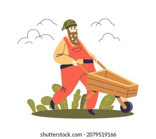 Funny garden gnome pushing wheelbarrow. Cute cartoon dwarf with long beard wearing hat gardening. Fairytale and mythological creature concept. Flat vector illustration