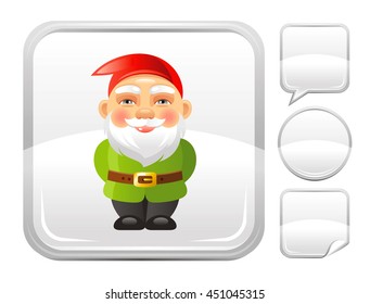Funny garden gnome vector icon for season concept - summer gardening, autumn farming harvest, thanksgiving. Blank button forms set - square, speaking bubble, circle, sticker