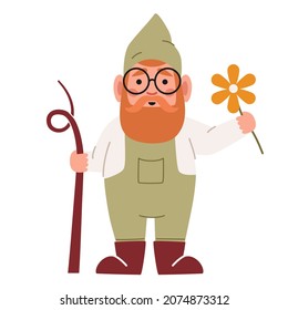 Funny Garden Gnome Wear Overalls, Hat and Glasses Holding Flower and Walking Staff Isolated on White Background. Cute Elf or Dwarf Character Design Element for Orchard. Cartoon Vector Illustration