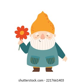 Funny Garden Gnome Wear Yellow Hat Holding Flower Isolated On White Background. Cute Elf Or Dwarf Character Design Element For Orchard Decoration and Landscaping. Cartoon Vector Illustration