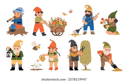 Funny garden gnomes. Cute little plants guardians, people in dwarf hats, cartoon characters cut, water trees and digging ground, vector set