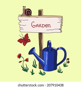Funny garden signboard and gardening tools. Hand drawn vector illustration.