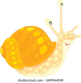 Funny garden snail with a beautiful striped and spotted shell, friendly smiling and slowly crawling somewhere, vector cartoon illustration on a white background