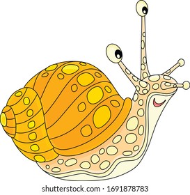 Funny garden snail with a beautiful striped and spotted shell, friendly smiling and slowly crawling somewhere, vector cartoon illustration on a white background