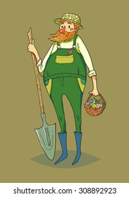 Funny Gardener character. Isolated vector character.