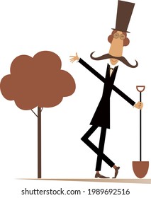 Funny Gardener, Spade And A Tree Isolated Illustration. Cartoon Long Mustache Man In The Top Hat With A Spade Plants A Tree Isolated On White