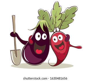Funny  gardeners. Vector illustrations with comic beets and eggplant with a shovel