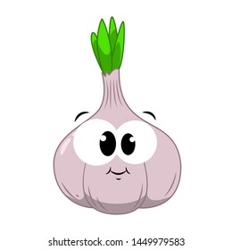 Funny Garlic in a cartoon style. Concept Fruits and vegetables. Summer.