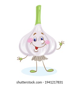 Funny garlic. In cartoon style. Isolated on white background. Vector flat illustration.