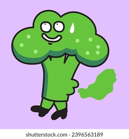 Funny Gassy Broccoli Farts. Bloating On A Vegan Diet Concept Card Character illustration.