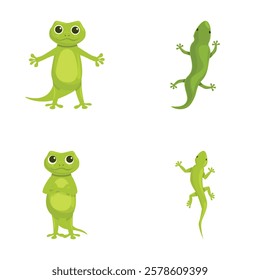 Funny gecko icons set cartoon vector. Cute cartoon green lizard. Animal, amphibian