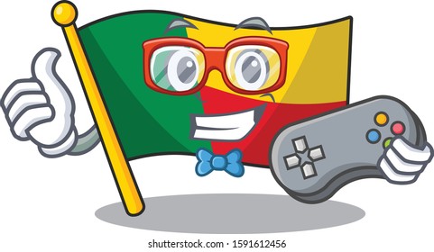 Funny geek gamer flag benin Scroll cartoon character style