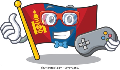 Funny geek gamer flag mongolia Scroll cartoon character style