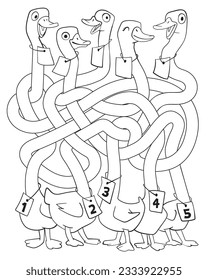 Funny geese with long, tangled necks. Children logic game to pass the maze. Educational game for kids. Choose right path. Write correct answers. Funny cartoon character. Coloring book