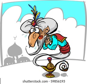 Funny genie in a lamp.