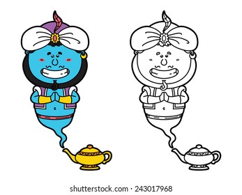 funny Genie. Vector illustration coloring page of happy cartoon Genie and his magic lamp  for children and scrap book  